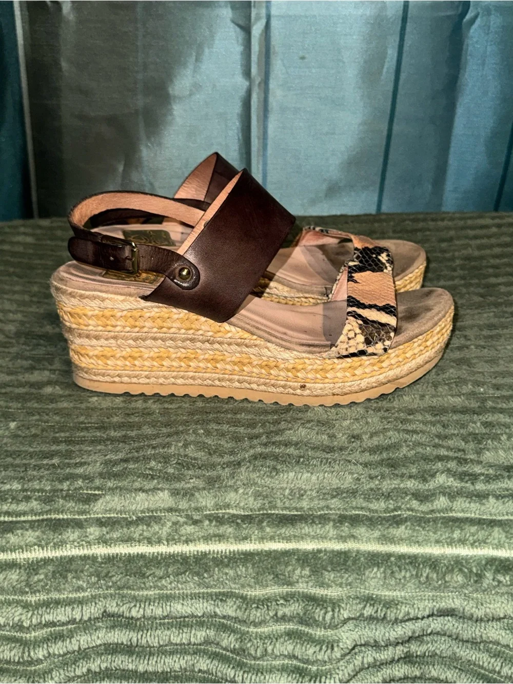 kanna Brown Leather Espadrille Wedges with Snake-Print Toe Strap